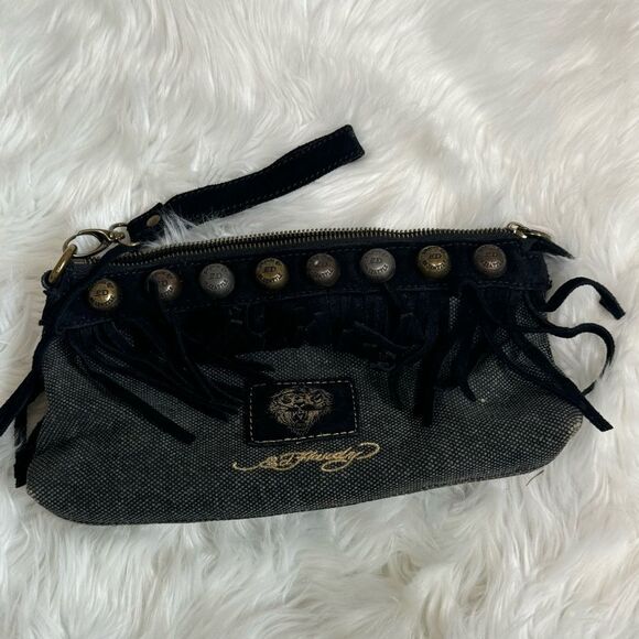 Ed Hardy Vintage Black Cow Leather Canvas Fringe Studded Clutch Wristlet - Picture 6 of 17